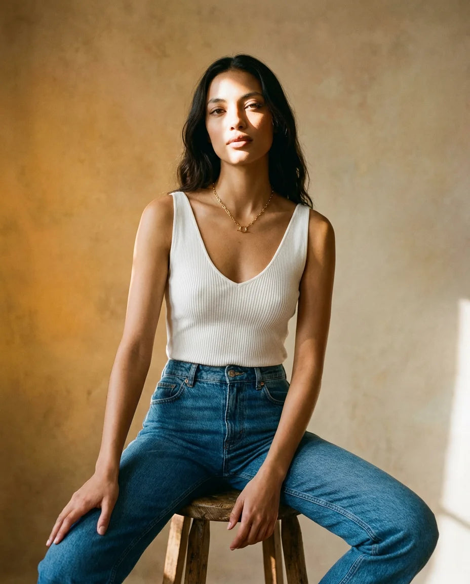 The perfect piece for day to night style - The Burning Desire Gold Pendant Necklace, styled with a white vest and blue jeans. Frequency Paris-Ibiza.