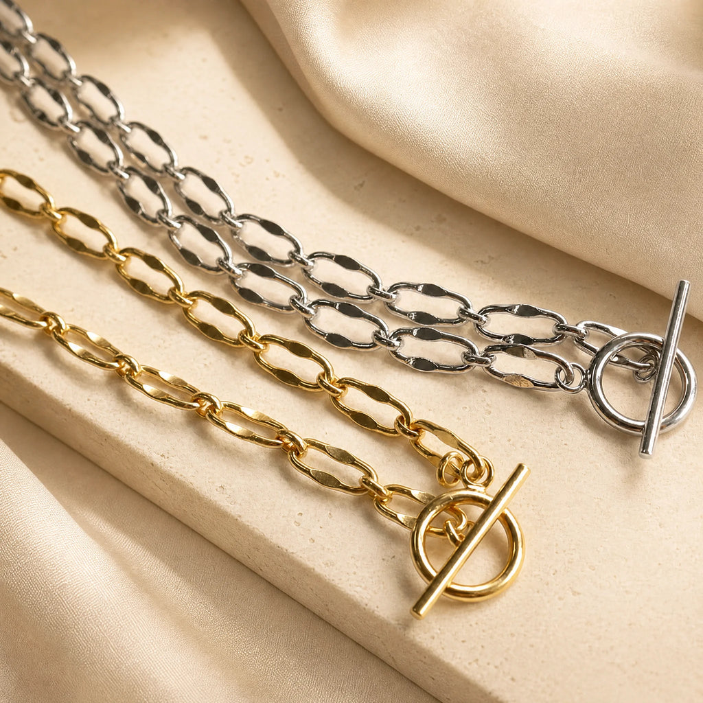 Burning Desire T-Bar chain necklaces in 18k gold plated and sterling silver, stylish versatile jewellery for layering or solo wear. Shop now at Frequency Paris-Ibiza