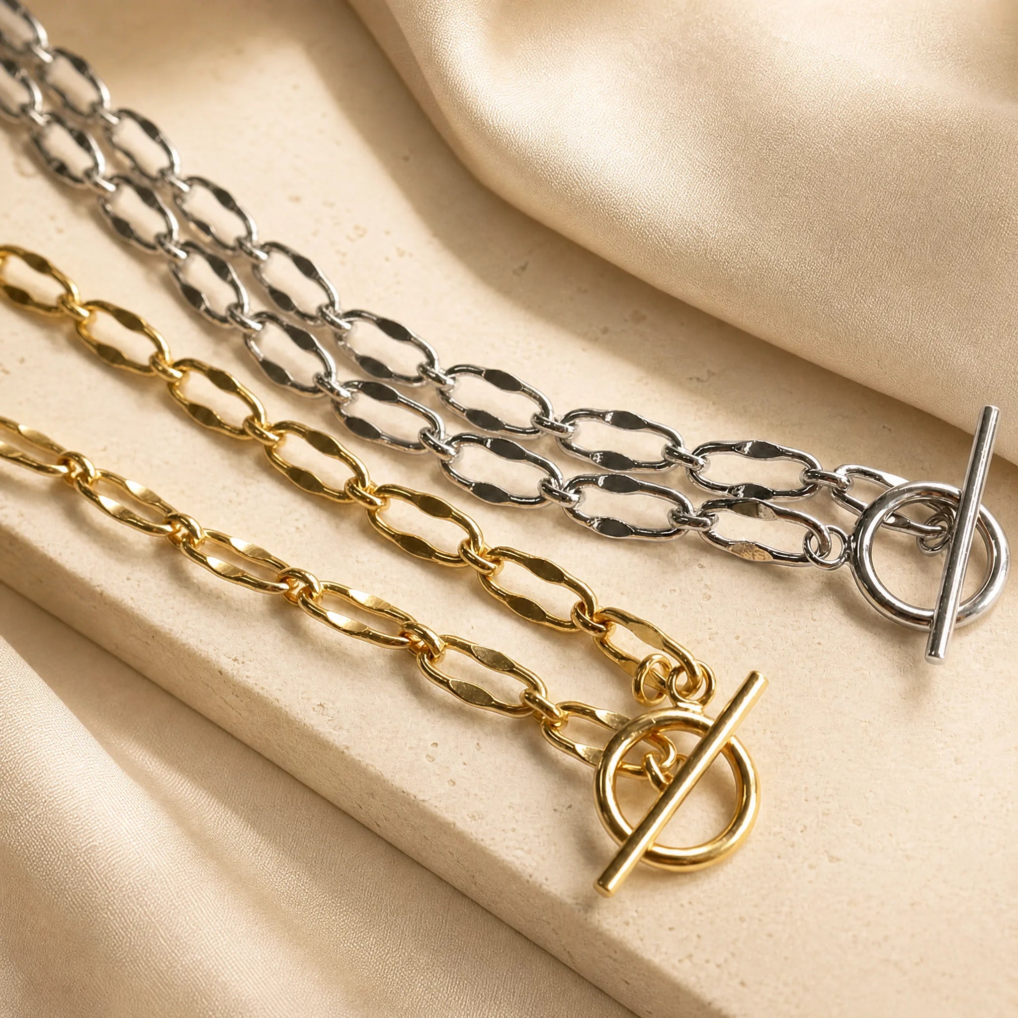 Burning Desire T-Bar chain necklaces in 18k gold plated and sterling silver, stylish versatile jewellery for layering or solo wear. Shop now at Frequency Paris-Ibiza