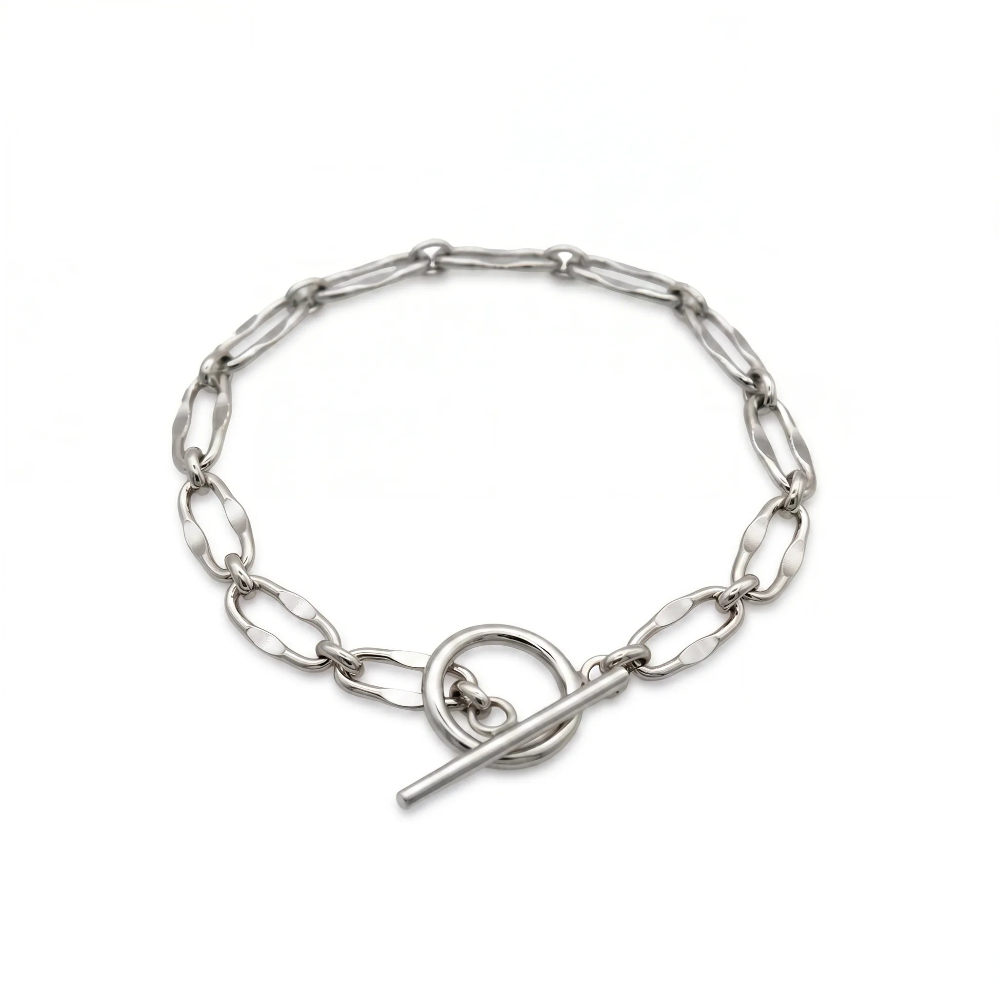 Burning Desire Silver T-Bar Chain Bracelet by Frequency Paris Ibiza. Chic, elegant, and perfect for everyday. Displayed here on a white background.