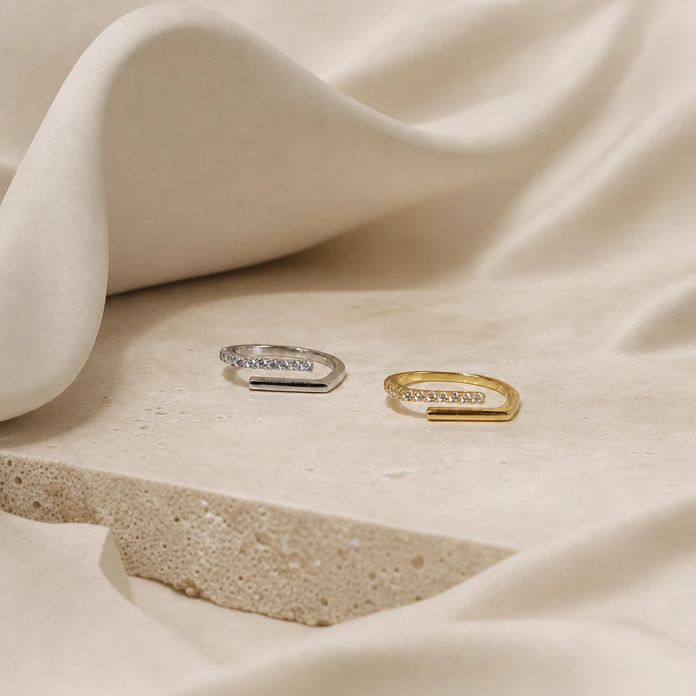 Frequency Paris-Ibiza Cosmic Trust Rings in 18K gold plated and rhodium plated sterling silver, adjustable open design, perfect for everyday wear