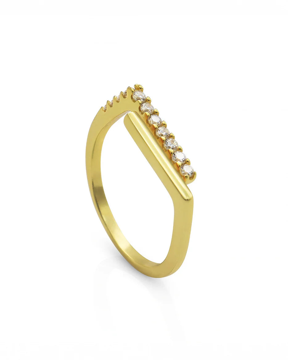 Frequency Paris-Ibiza Cosmic Trust Ring in 18K gold plated sterling silver with zircon crystal accents on white background, premium quality, adjustable design