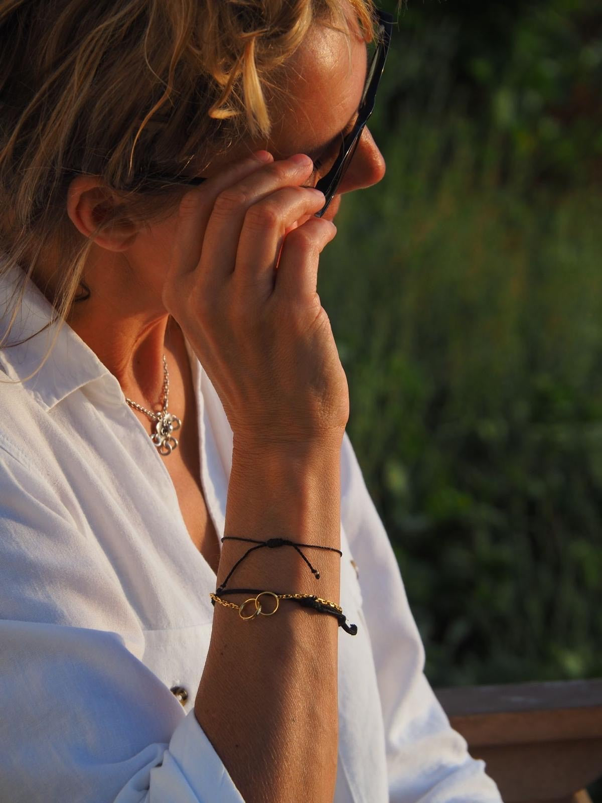 Customer photo of Lesley wearing the Infinite Possibilities Gold Chain Bracelet in sterling silver with 18K gold plating by Frequency Paris-Ibiza