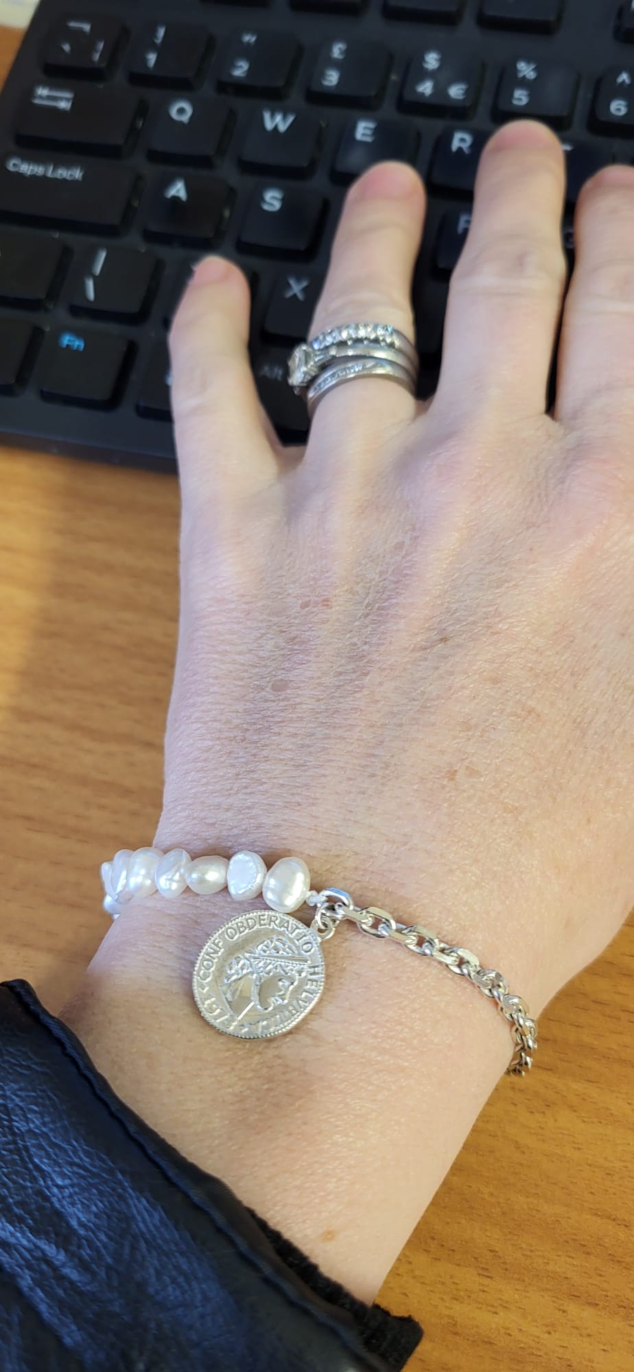 Customer photo of Michelle wearing the Wisdom Pearl Chain Bracelet in sterling silver by Frequency Paris-Ibiza