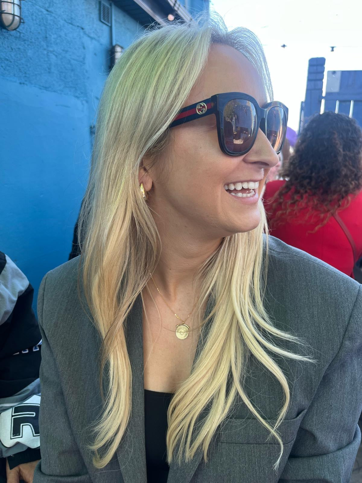 Customer photo of Nicola wearing the Sunbeam Gold Pendant Necklace in sterling silver with 18K gold plating by Frequency Paris-Ibiza