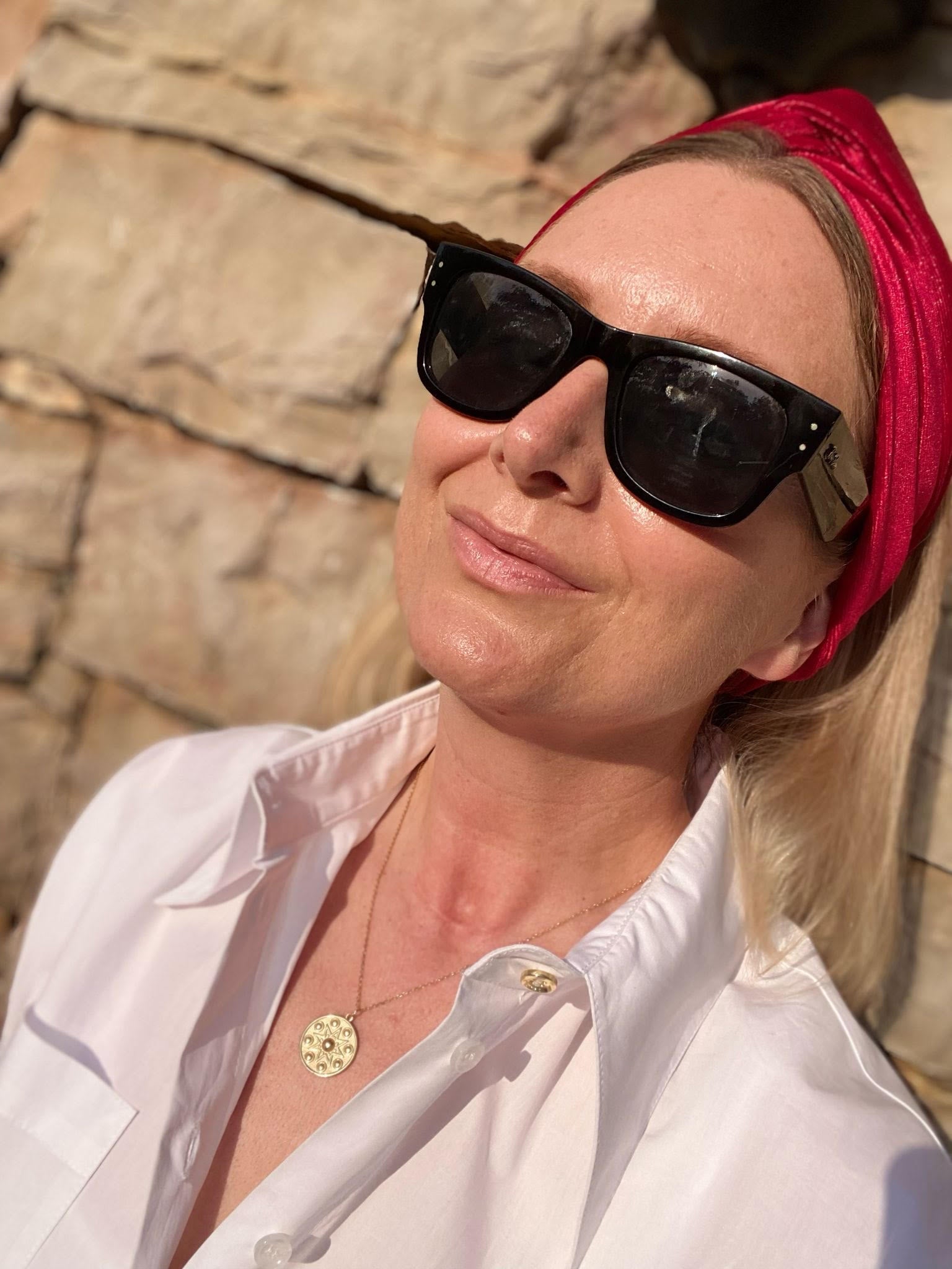 Customer photo of Rebecca wearing the Manifest Gold Pendant Necklace in sterling silver with 18K gold plating by Frequency Paris-Ibiza