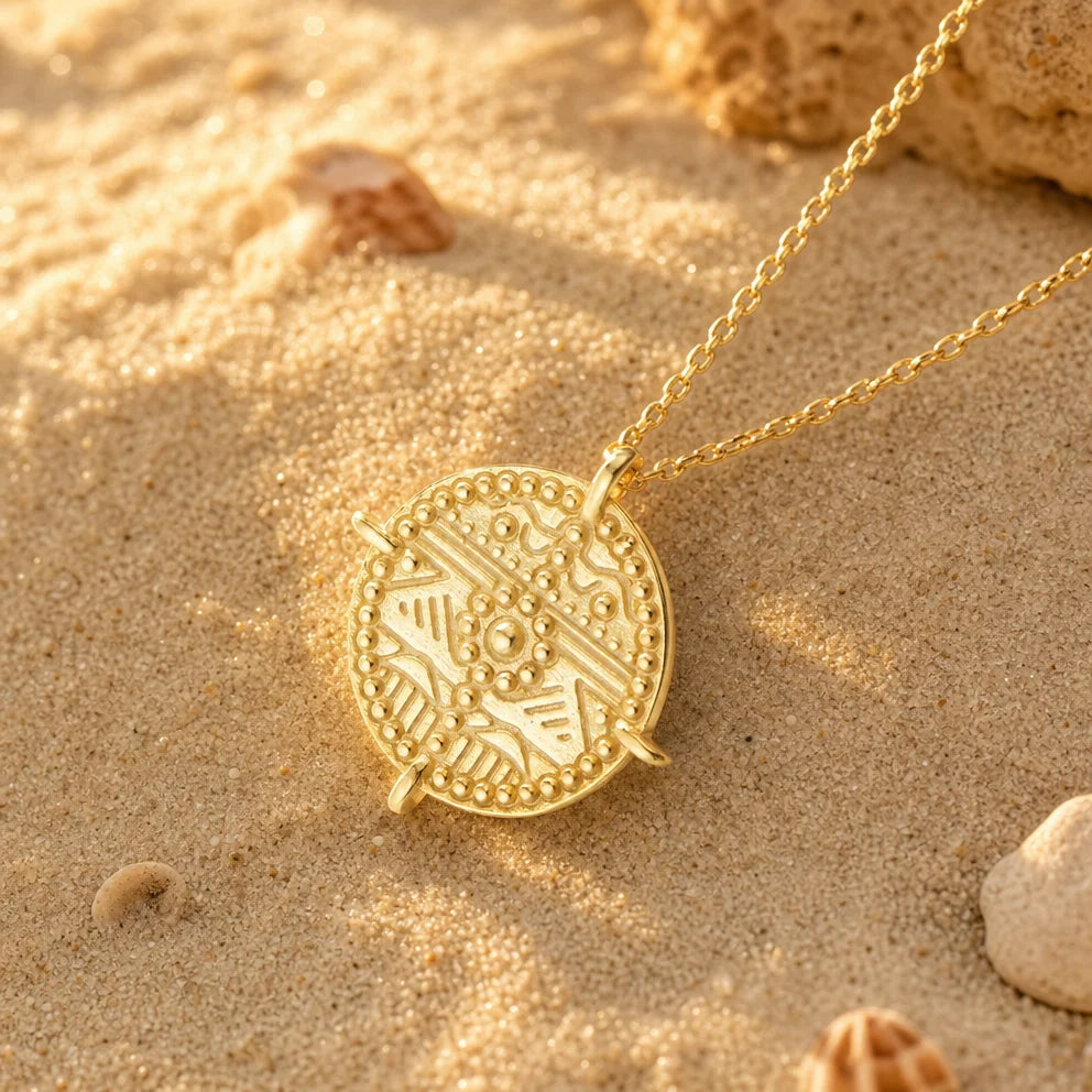 Close-up of Es Vedrà gold pendant necklace worn as a statement piece, radiating Ibiza energy and magnetic attraction. Frequency Paris-Ibiza