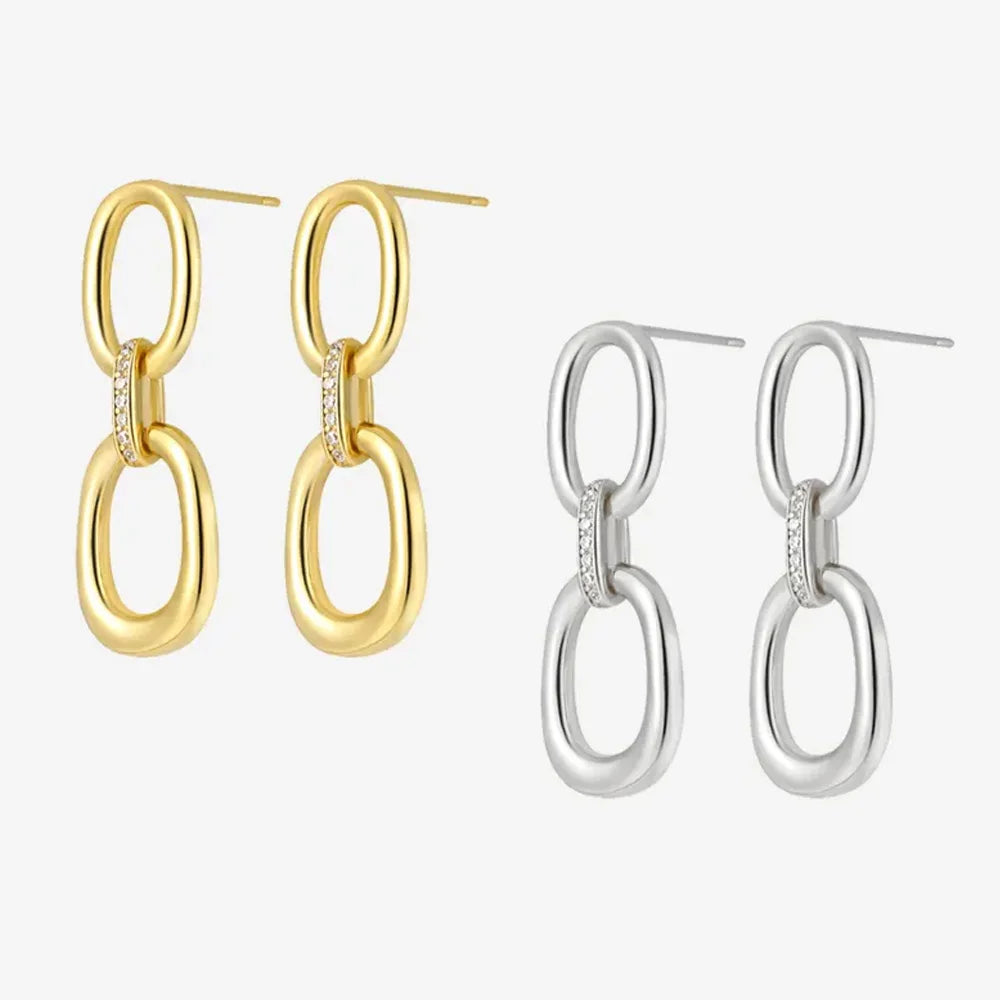 Frequency Paris-Ibiza Power Drop Earrings in 18K gold-plated and rhodium-plated sterling silver. Exquisite craftsmanship, elegant zircon chain link design, displayed on a white background.
