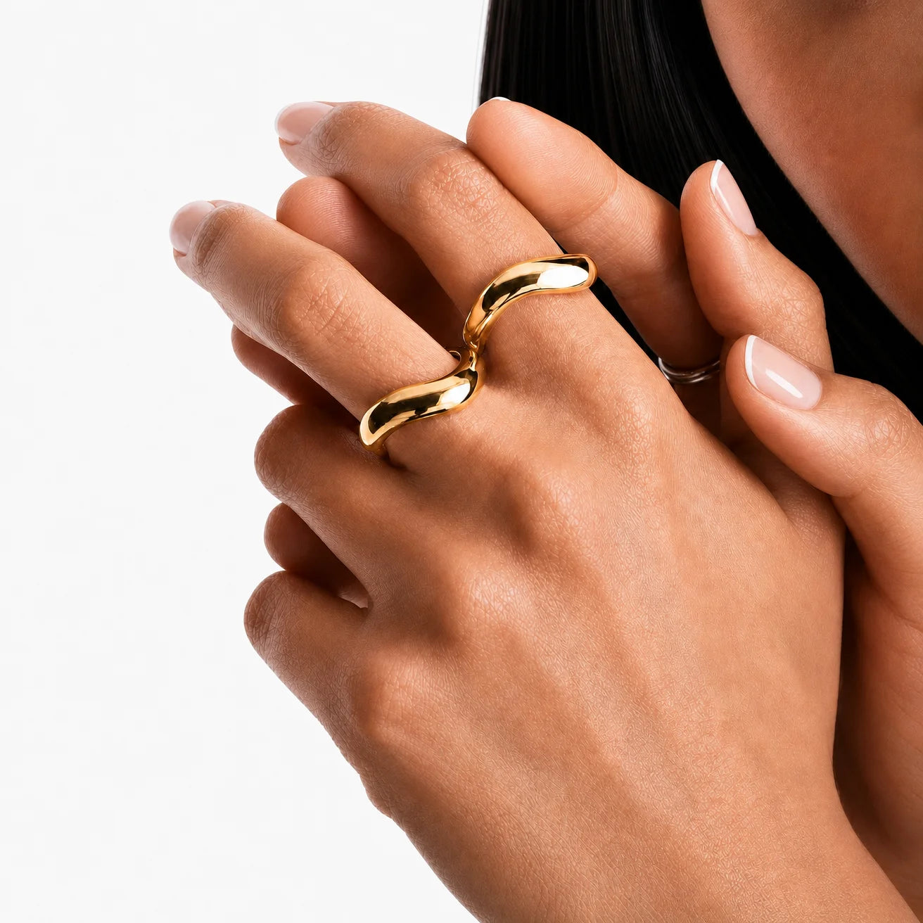Two Stillness Rings by Frequency Paris-Ibiza styled together. Bold, cool statement stack, intentionally designed in 18K gold plated sterling silver. Sustainably made to order.