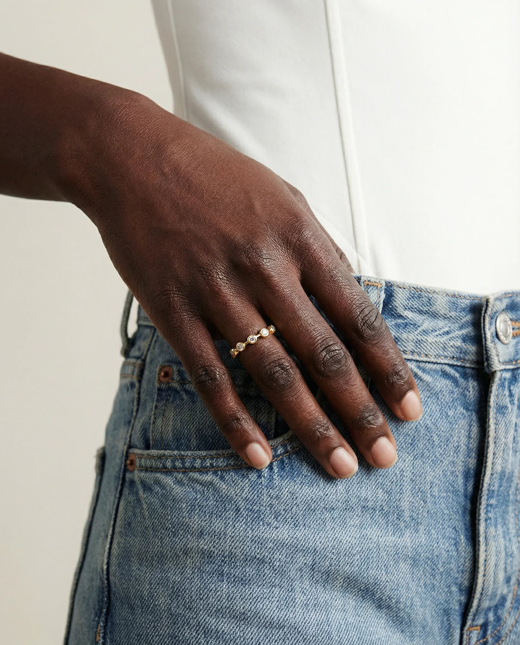 Model wearing Gratitude Ring, a statement piece with powerful intention, chic and versatile for day to night, 18K gold plated sterling silver, Frequency Paris-Ibiza