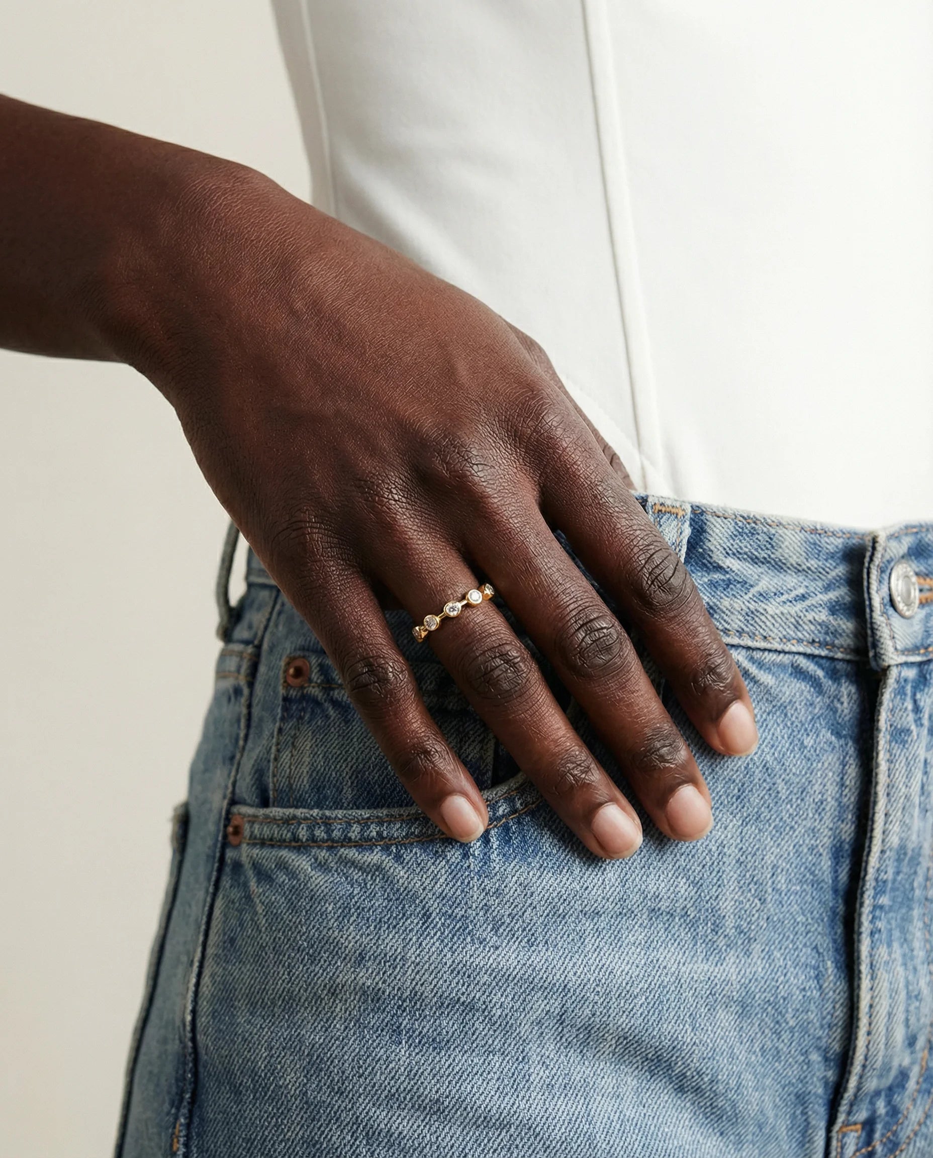 Model wearing Gratitude Ring, a statement piece with powerful intention, chic and versatile for day to night, 18K gold plated sterling silver, Frequency Paris-Ibiza