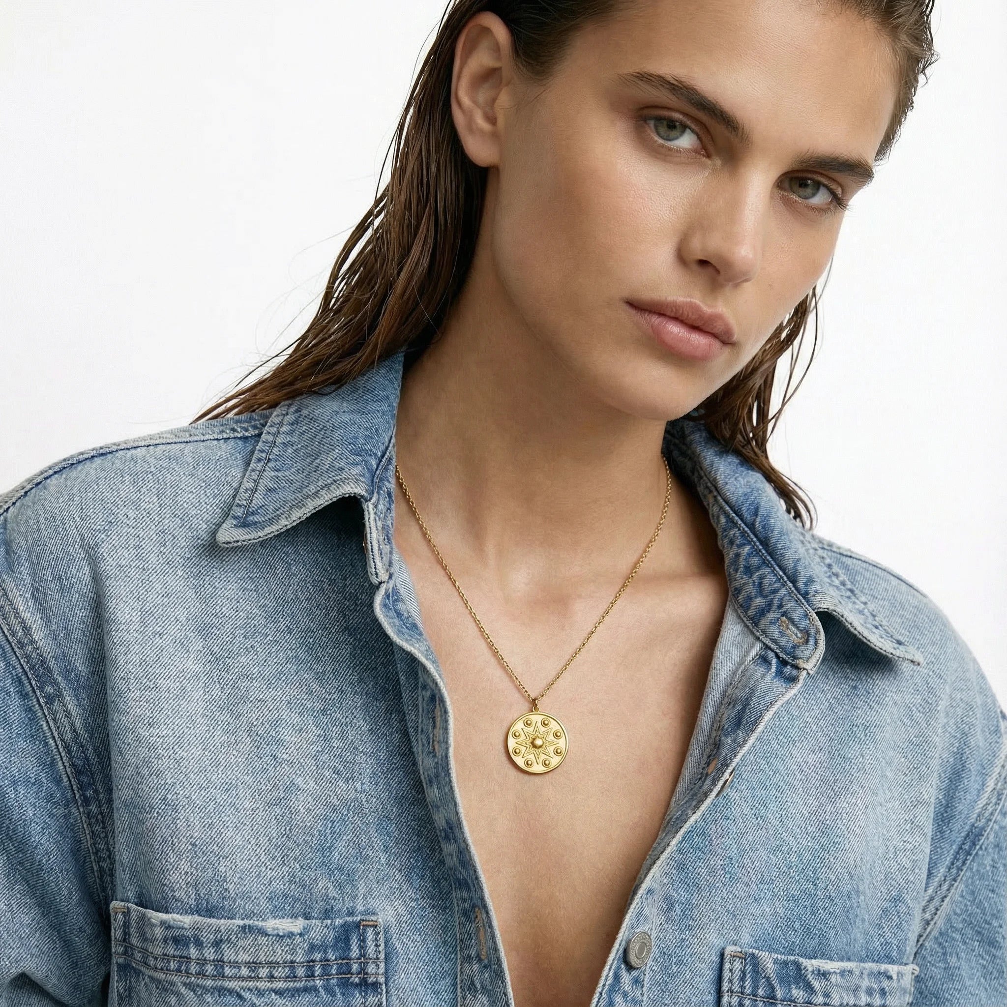 Manifest Gold Pendant Necklace by Frequency Paris Ibiza - 18k Gold plating on premium sterling silver, styled with Denim. Wear it day to night.