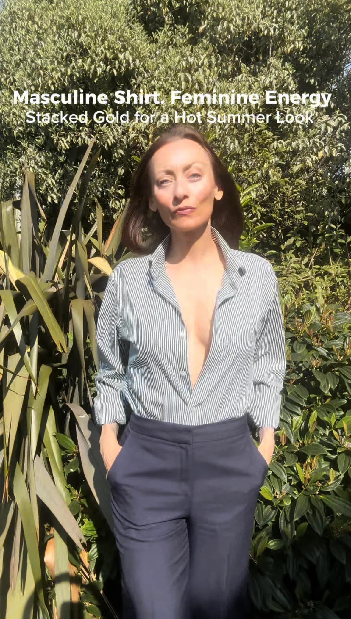 Styling Tips from Frequency Paris-Ibiza. Masculine Shirt. Feminine Energy. Stacked Gold for a Hot Summer Look.