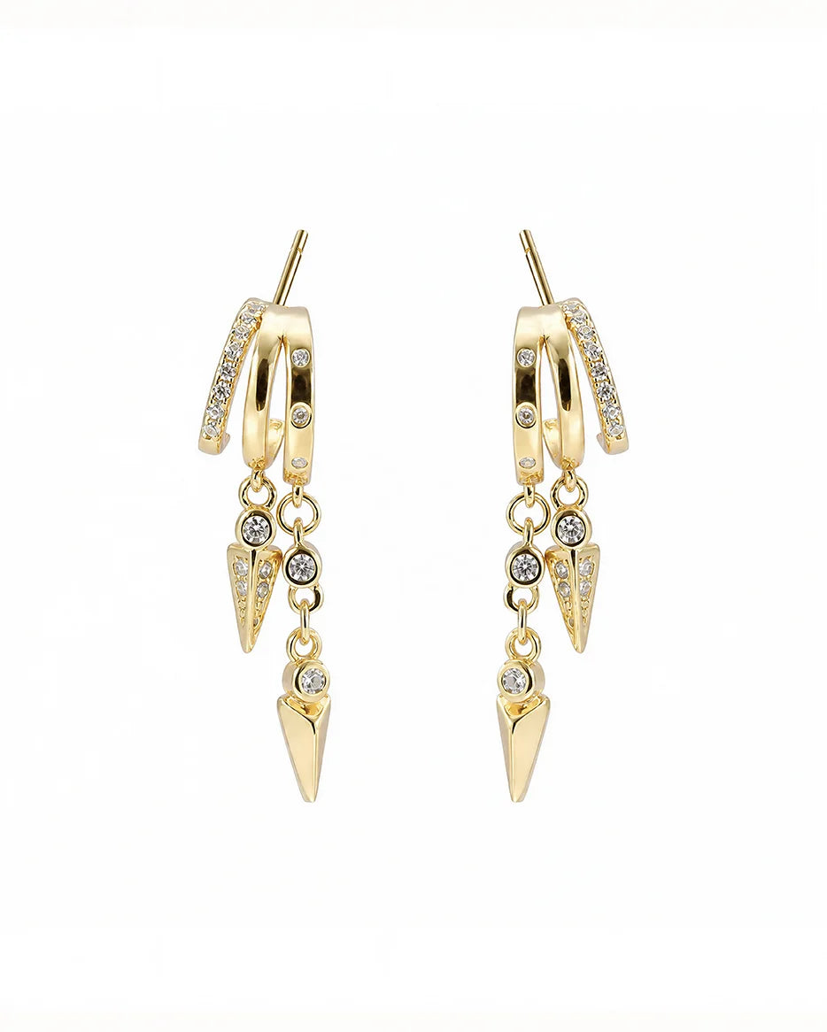 Frequency Paris–Ibiza Modern Goddess Drop Earrings in 18K gold-plated sterling silver with spike charms and gemstone accents, photographed against a white background.