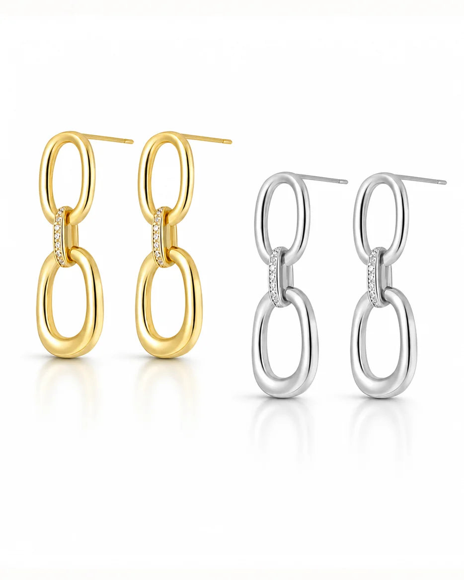 Frequency Paris-Ibiza Power Drop Earrings in 18K gold-plated and rhodium-plated sterling silver. Exquisite craftsmanship, elegant zircon chain link design, displayed on a white background.