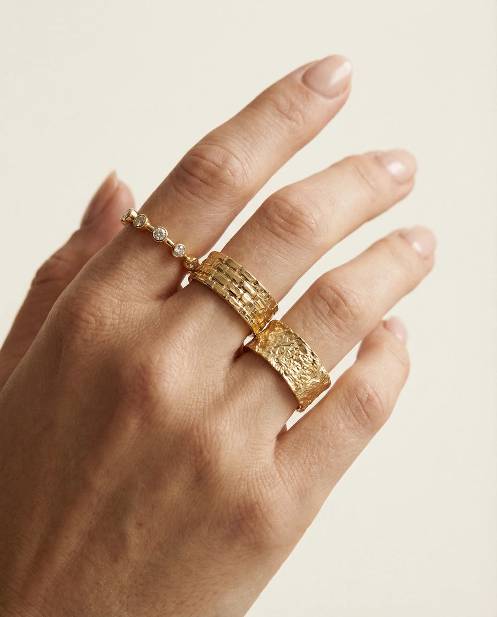 The perfect ring Stack by Frequency Paris Ibiza, including the Élève Ring, Gratitude Ring and Gaia Ring. All 18k gold plated sterling silver, adjustable size. Stack and style for everyday wear. 