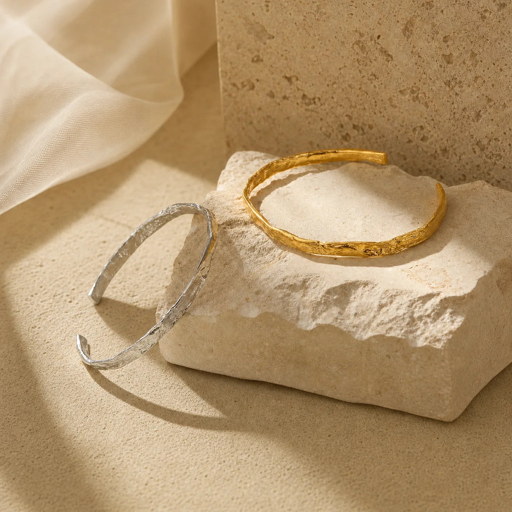 Silver and Gold So Hum Cuff Bracelets by Frequency Paris-Ibiza. Minimalist, chic, elegant. The perfect gift for her. 