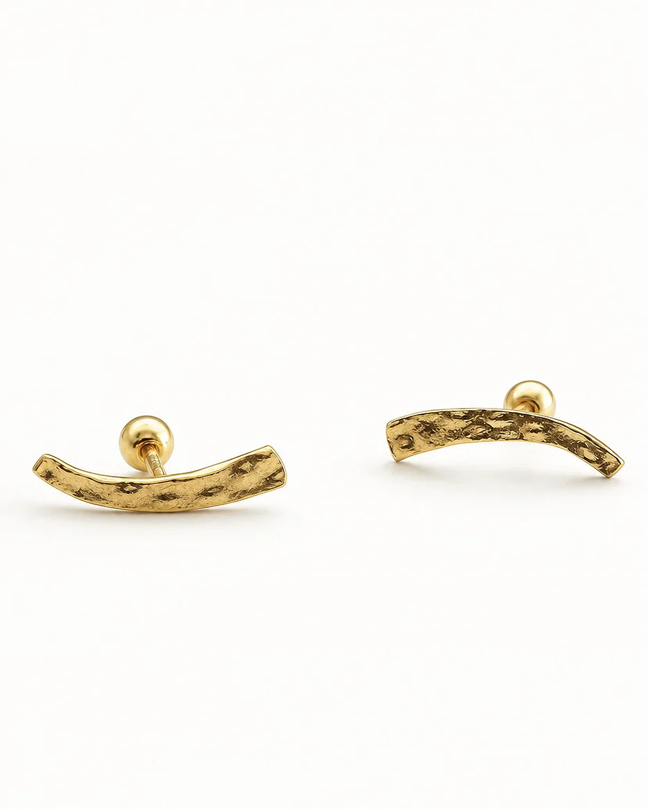 Frequency Paris-Ibiza Soluna Stud Earrings on white background, 18K gold plated sterling silver, hand-hammered minimalist design