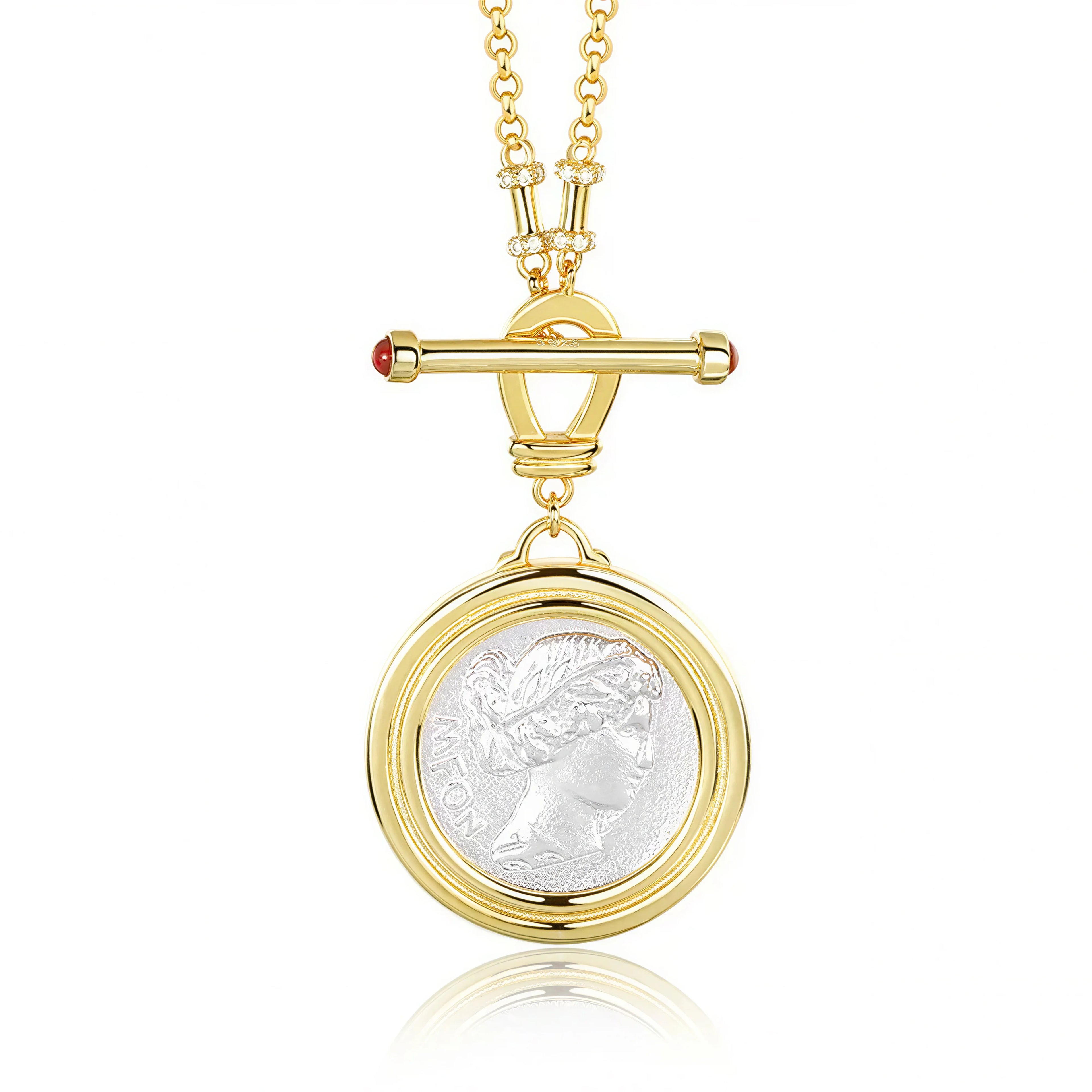 Soul Purpose Gold Pendant Necklace in silver coin finish — close-up detail of the pendant. Frequency Paris-Ibiza