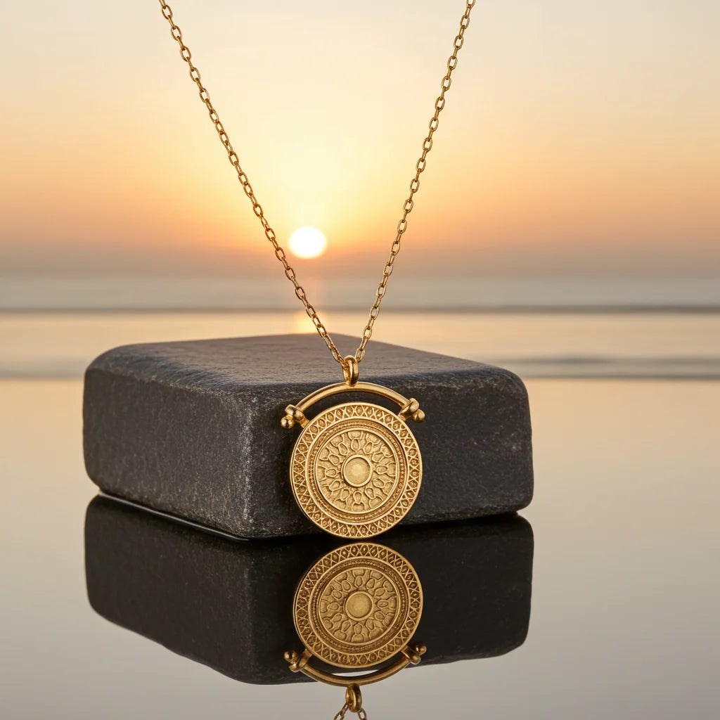 Sunbeam Gold Pendant Necklace by Frequency Paris-Ibiza. A close up image highlighting the beautiful detailing and excellent craftsmanship. 18k Gold plating on premium sterling silver. 