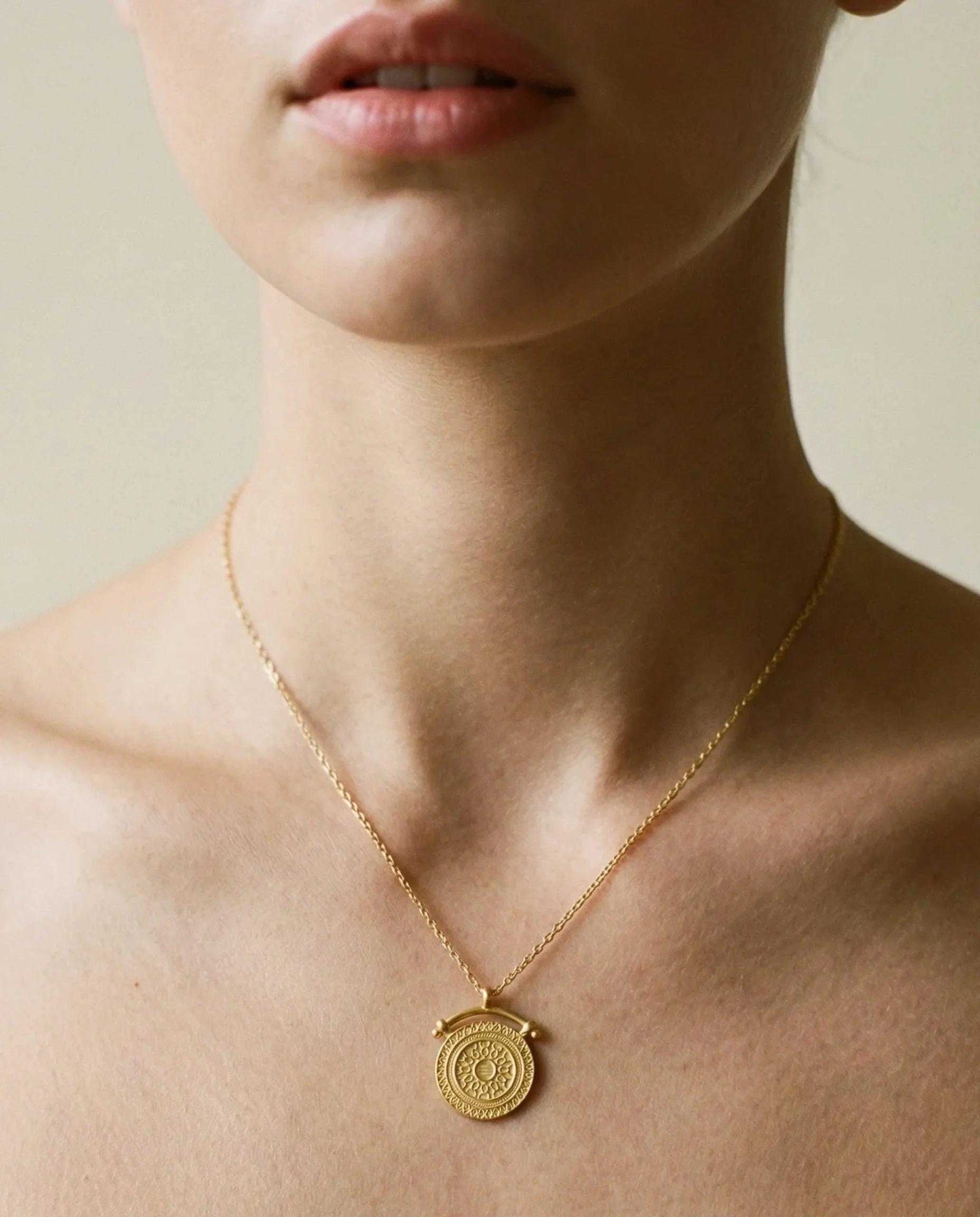 A close up of the intricate detailing - Sunbeam Gold Pendant Necklace - 18k gold plated sterling silver.  By Frequency Paris-Ibiza 