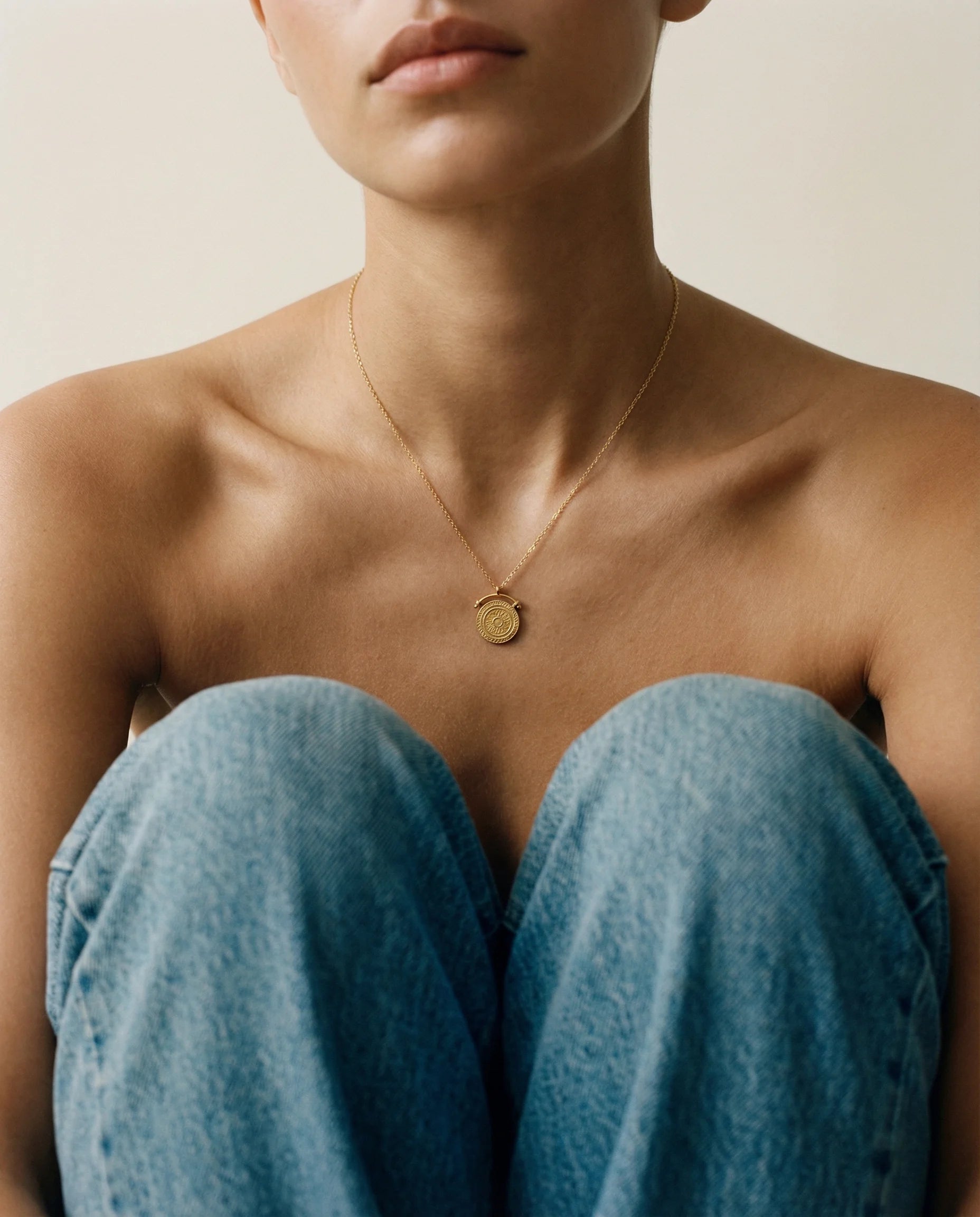 A close up of the intricate detailing - Sunbeam Gold Pendant Necklace by Frequency Paris-Ibiza 