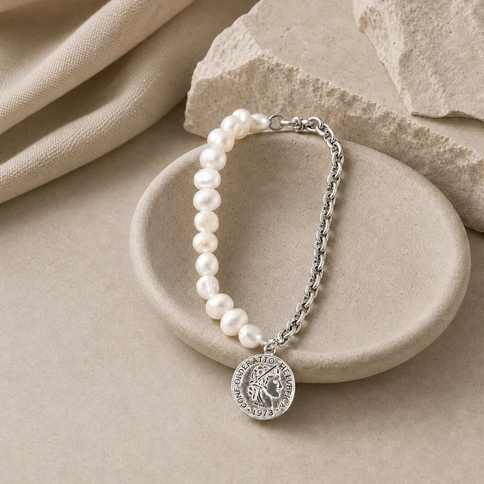 Wisdom Coin Charm Bracelet detail – rhodium plated coin charm and craftsmanship – Frequency Paris-Ibiza