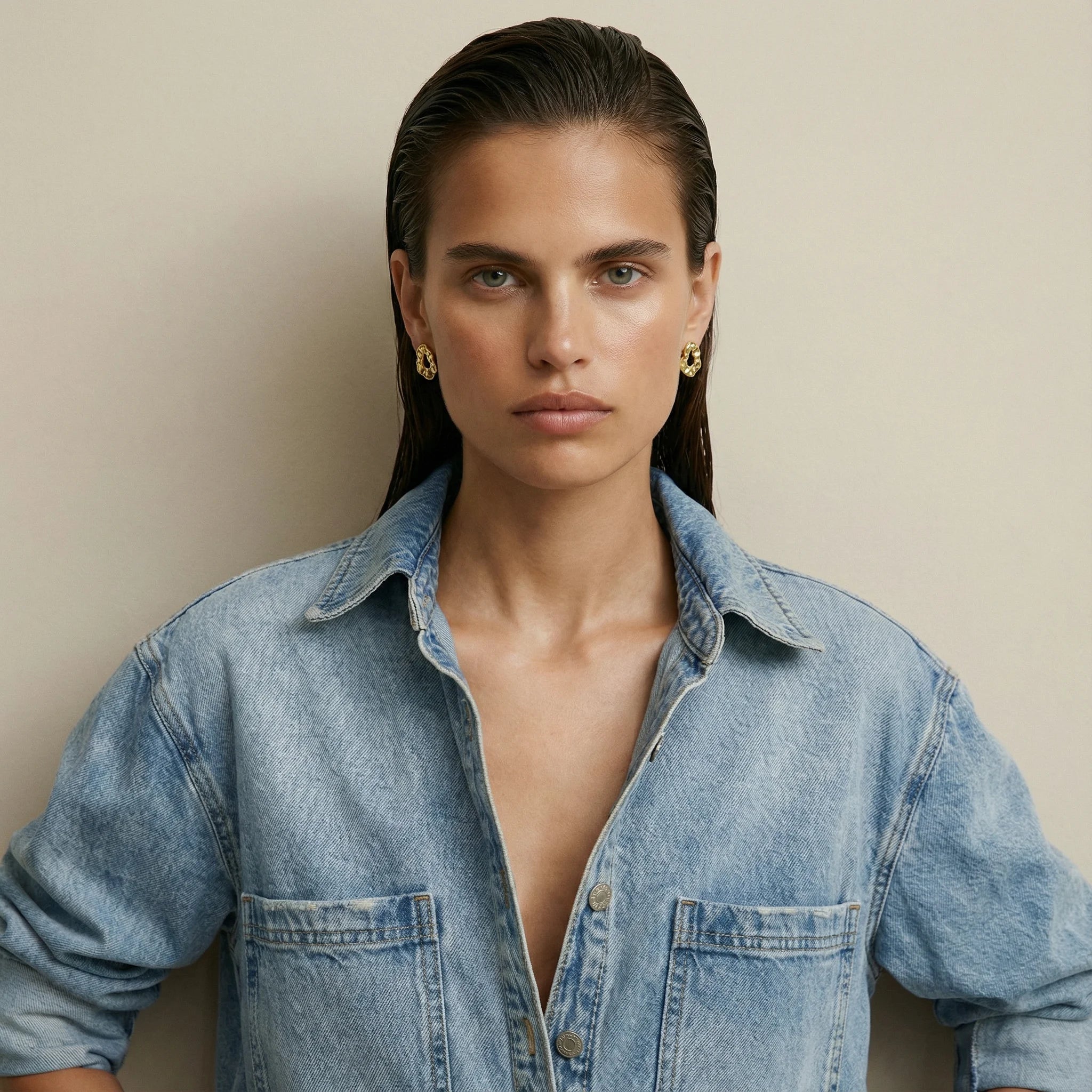 Brilliance stud earrings in 18k gold-plated sterling silver by Frequency Paris-Ibiza, worn with a cool denim shirt for an elegant, refined look.