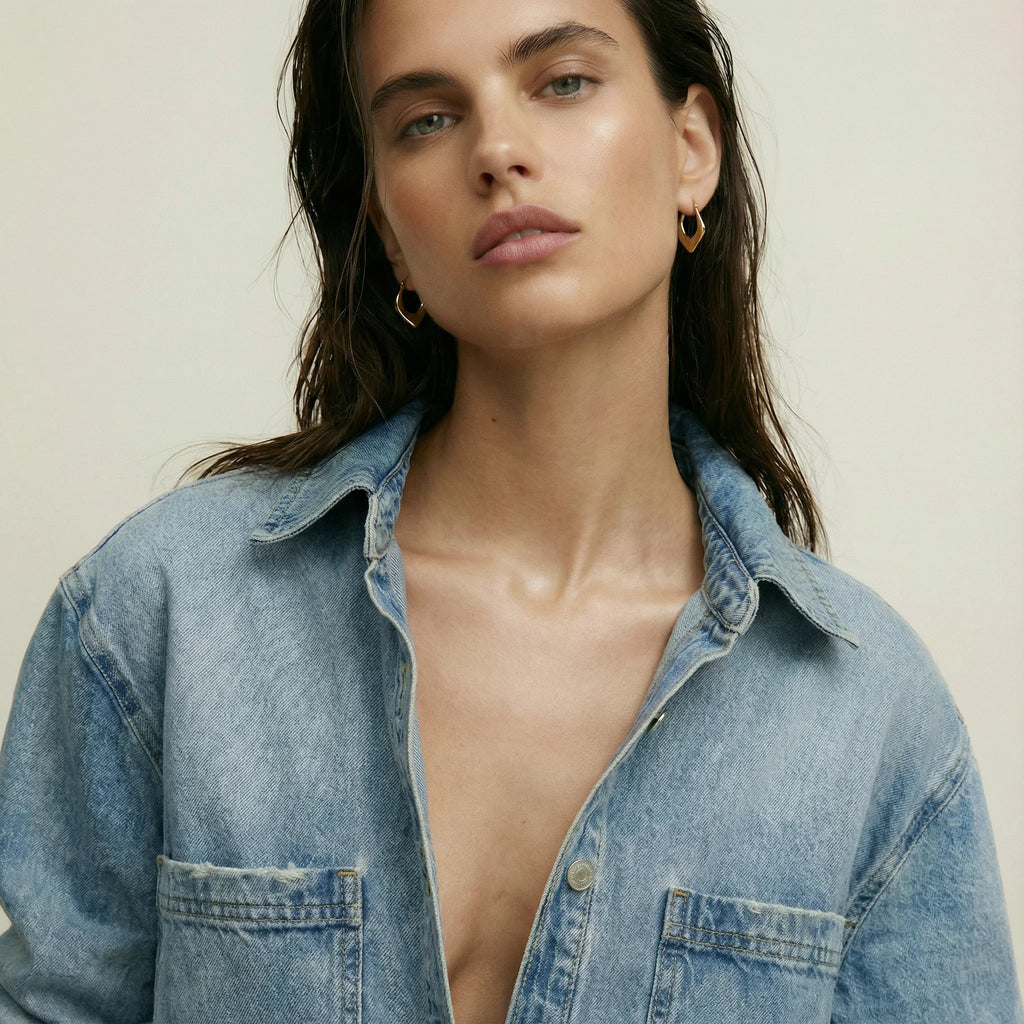 Frequency Paris-Ibiza Abundance Gold Hoop Earrings Styled Effortlessly with Denim Shirt – Cool, Casual Chic Jewellery Look