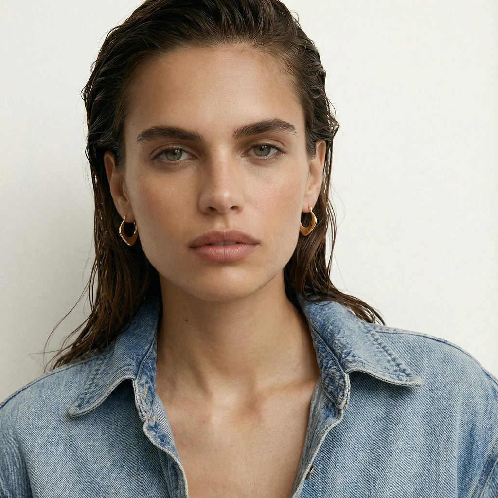 Frequency Paris-Ibiza Abundance Gold Hoop Earrings Worn on Model Close-Up – Styled for the Modern Magnetic Goddess, Bold Jewellery Statement