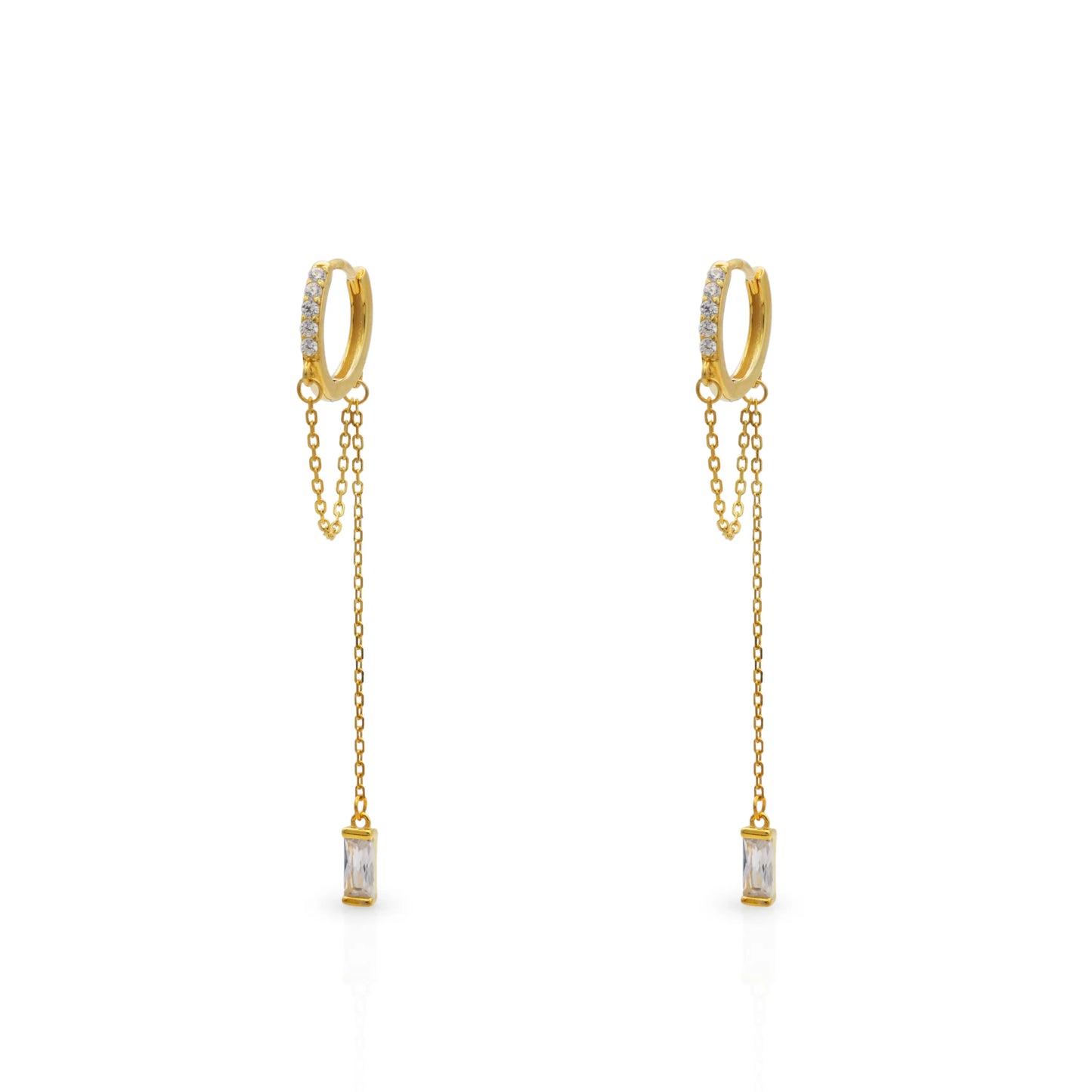 Frequency Paris–Ibiza Infinity Chain Earrings in 18K gold with crystal drops and delicate chain tassels, photographed on a white background.
