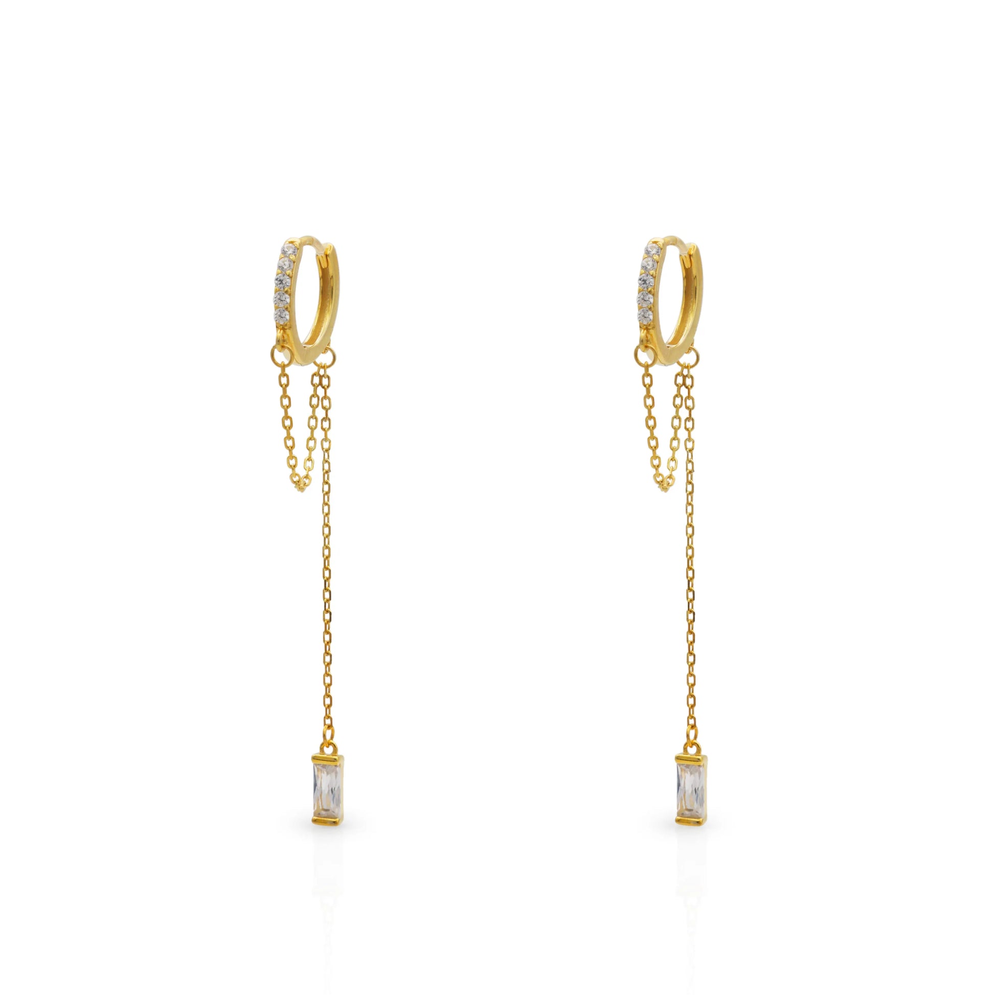 Frequency Paris–Ibiza Infinity Chain Earrings in 18K gold with crystal drops and delicate chain tassels, photographed on a white background.
