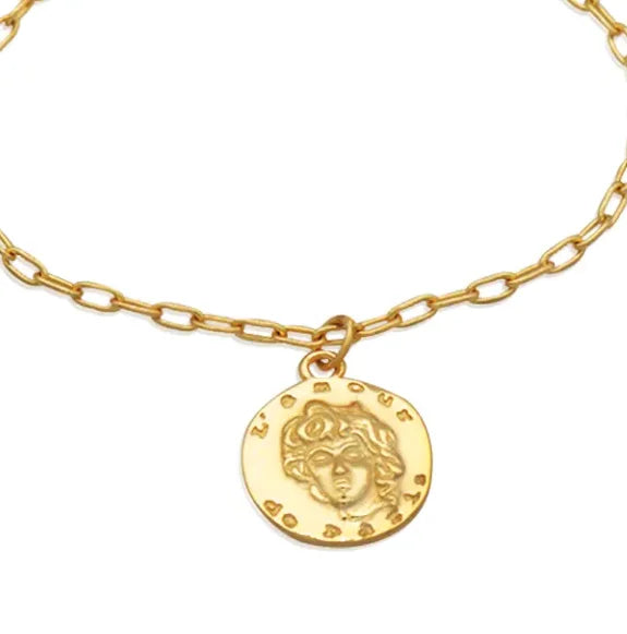 Frequency Paris-Ibiza L'Amour Gold Chain Bracelet detailed close-up of coin charm showing L'Amour de Paris text and unique design