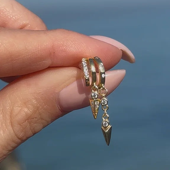 Close-up of the Frequency Paris–Ibiza Modern Goddess Drop Earrings highlighting craftsmanship, refined detailing, and the modern edgy design.