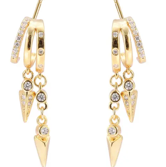 Close-up of the Frequency Paris–Ibiza Modern Goddess Drop Earrings highlighting craftsmanship, refined detailing, and the modern edgy design.