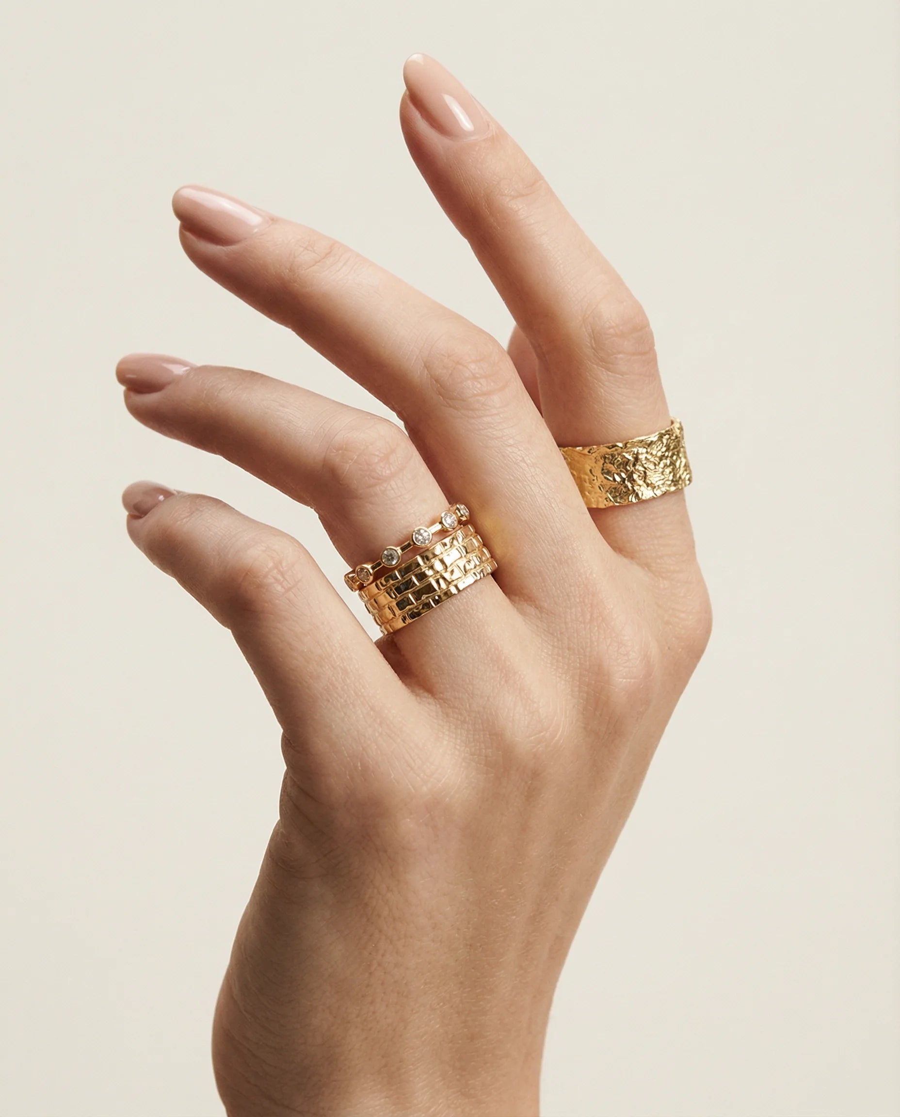 The perfect Frequency Paris-Ibiza Stack: Gaia Ring, Élève Ring, Gratitude Ring. Three of the best-selling adjustable rings from the collection. 18k Gold plated sterling silver. 